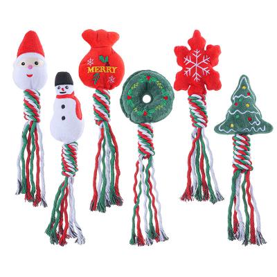 China New Stored Dog Training Teeth Cleaning Knot Cotton Rope Dog Toys Cartoon Plush Chewing Rope Squeaky Christmas Gifts for sale