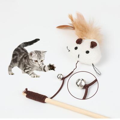 China Stocked Canvas Magic Wand Cat Catcher Teaser Stick Interactive Cat Toy Teaser Wooden Stick With Bell and 40cm Pet Feather for sale