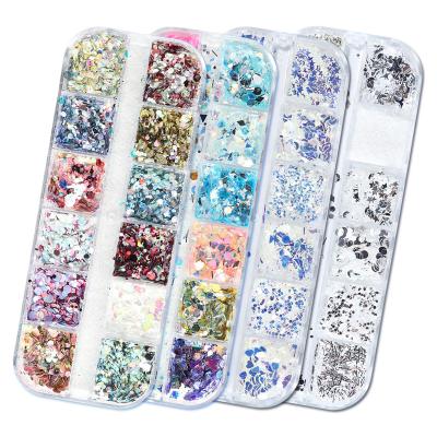 China Sticker 12 Grids / Set Colorful Holographic Iridescent Iridescent Glitter 3D Slice Nail Sequins Flakes Nail Art Decoration For Nails for sale