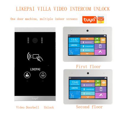 China IC Card Identification SmartLife LIKEPAI Villa Doorbell Intercom TUYA Two Way Visual Waterproof Linkage Unlock 1outdoor and 2 Screen Unit Indoor Kit for sale