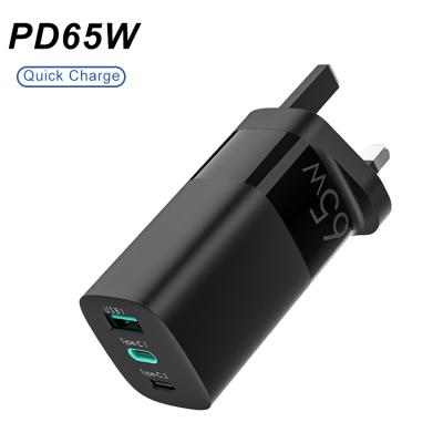 China QC2.0 Type C PD Universal 3 Ports 65W Charging Fast Charger /12V/15V Ultra Mini GaN Fast Charger Station Laptop 5V/9V for sale