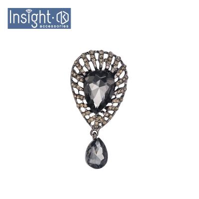 China Vintage Fashion Flower Zinc Alloy Hot Buttons Drips Crystal Brooch Pin Black Glass Brooch For Scarf for sale