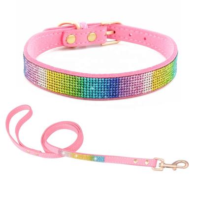 China Reflective Durable Microfiber Leather Crystal Rhinestone Cute Bling Pet Dog Collar With Soft Touch Leash for sale