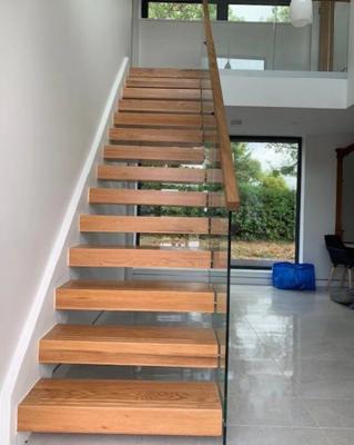 China Luxury Oak Wood Open Riser Modern Design Floating Stairs Glass Rails for sale