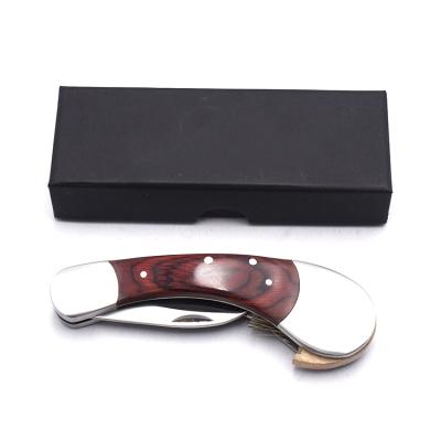 China New arrival 3cr14 pocket knife viable pakka red wood handle steel mushroom knife with folding and folding brush for sale