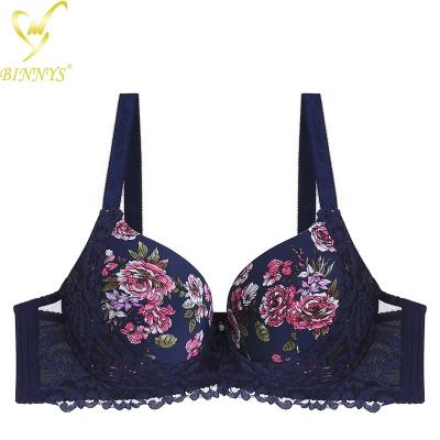 China High quality BINNYS underwire size D cup bra plus size breathable print big size summer printed full cup breast bras lace big size bras for sale