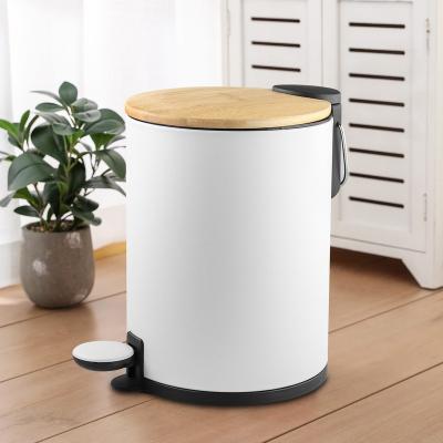 China New 3L 5L Lid Stainless Steel Foot Pedal Waste Bin Metal Eco-friendly Sustainable Bamboo Dust Bin For Kitchen Bathroom Office for sale