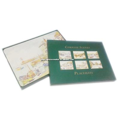 China Sustainable high quality set of 6 laminated printed place mats with gift box cork backed table mat set dining mat for sale