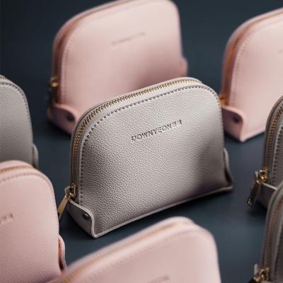 China Rownyeon Logo Waterproof Custom Cosmetic Bag Small Size Women Pink Gray Travel Pu Makeup Pouch With Zipper For Gift for sale