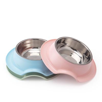 China Viable Cat Stainless Steel Food Water Container Dog Bowl Pet Feeding Pot With S.S Bowl With Plastic Base For Pet Supplies for sale