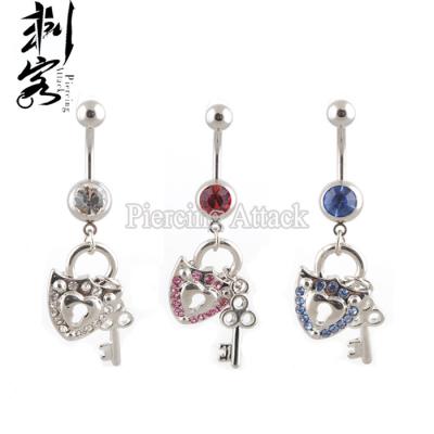 China Vintage Heart Lock and Key Dangle Belly Button Ring Body Jewelry for sale