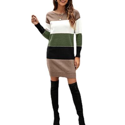 China Anti-Shrink Autumn and winter new color blocking round neck sweater dress plus size long for sale