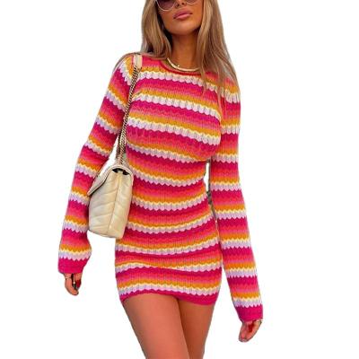 China Anti-Static Permeable Candy 2022 New Hollow Back Color Long Sleeve Knit Sweater Dress Women for sale