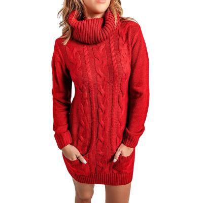 China Anti-Static Wholesale Turtle Neck Cable Knit Tunic Pocket Sweater Dress Women Pullover for sale