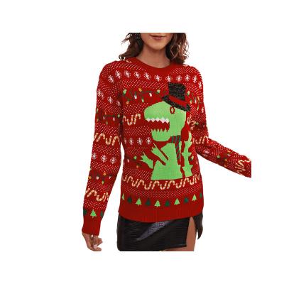 China Anti-wrinkle Knitted Dinosaur design ugly Christmas jumper Christmas sweater Jacquard Sweater Women Pullover Crew neck Sweater Women for sale