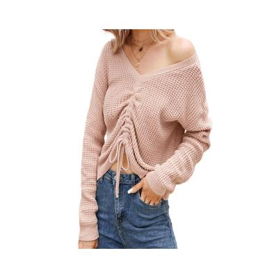 China Wholesale Anti-pilling Drawstring Solid Color Double V Irregular Neck Knit Casual Pullover Girls Sweater Top Women for sale