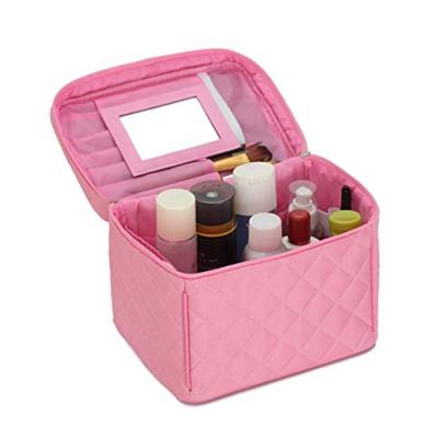 China Fashion Simple Solid Color Square Makeup Bag With Mirror Pink Girl Heart Makeup Box for sale