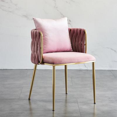 China Removable Cover Gold Legs Armchair Cafe Restaurant Pink Velvet Weave Chairs With Cushion for sale