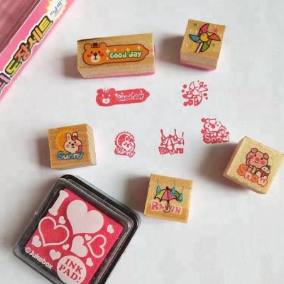 China Mini Children's Toy Square Wooden Rubber Stamp Set For Kids Gifts With Ink Pad Wooden Stamp Toy for sale