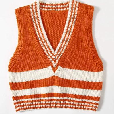 China Anti-Wrinkle Spring V-neck Casual Orange Striped Women's Sleeveless Sweater Vest for sale