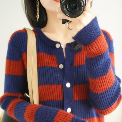 China Custom Spring Autumn Baggy Crew Neck Buttons Anti-wrinkle Striped Color Women Cardigan Sweater for sale