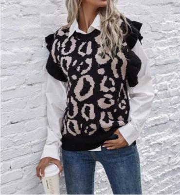 China Women Stylish Beauty Vest Anti-wrinkle Animal Jacquard Leopard Ruffle Sleeve Vest Oversize Sweater for sale