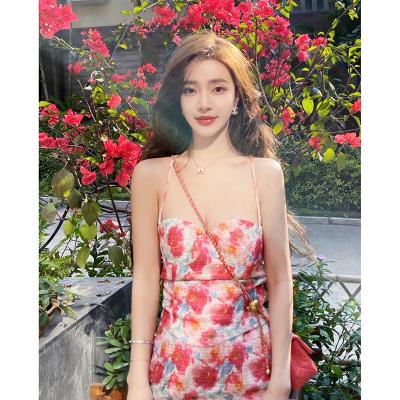 China New summer women's anti-static short skirt fresh and sweet collage sling floral dress for sale