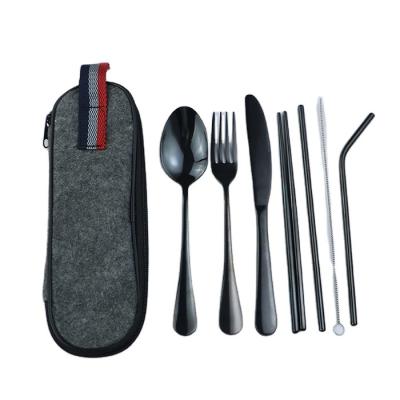 China Sustainable Portable Cutlery Set Stainless Steel Travel Flatware Outdoor Camping Utensils Set With Pocket for sale