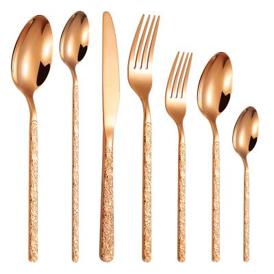 China Viable Hot Sale Metal Rose Gold Relief Carving Luxury Flatware Set with Spoon Knife Fork Ice Cream Spoon for sale