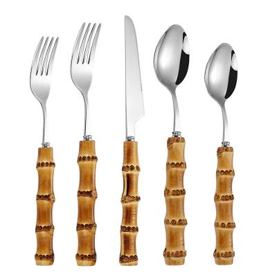 China Food Grade Sustainable Wholesale 18/8 Stainless Steel Knife Spoon And Forking Bulk Flatware With Bamboo Handle for sale