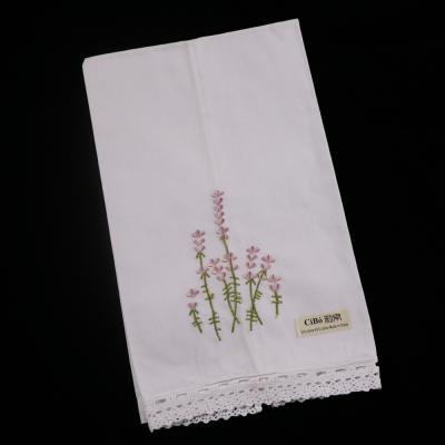 China TL010 Ramie Cotton Lace Edge Lavender Embroidery Face Towel Washable White Hand Towel for sale