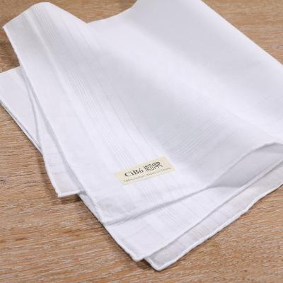 China Stripe M001: White Mens Cotton Sateen Banded Handkerchief with Hand-Rolled Edge Size 17