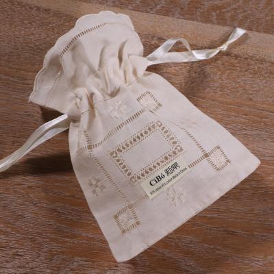 China B019 Beige Gift Ramie Cotton Hand Embroidery Drawnwork Pouches Gift Bags Travel Storage Pouches Drawstring Bags for sale