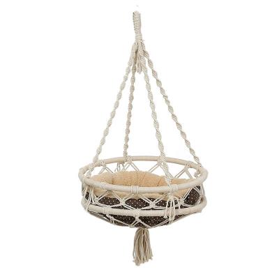 China Macrame Cat Hammock Bed Cat Swing Bed Space Saving Window Viable Hanging Perch With Washed Cotton Mat for sale