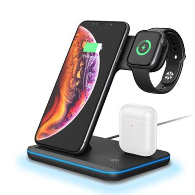 China Cell Phone Watch Earphone Charging 3 in 1 Fast Wireless 15W Charging Wireless Charger iPhone iWatch Airpods Radio Stand Charging for sale