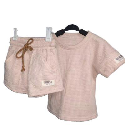 China Logo Label Toddler Boys Summer Tied Breathable Two Piece Waffle Short Shorts Set Pockets Tees Sleeve for sale