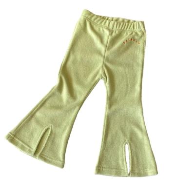 China Spring Green Terry Towel Kids Long Pants Anti-pilling Split Girls Flare Pants for sale