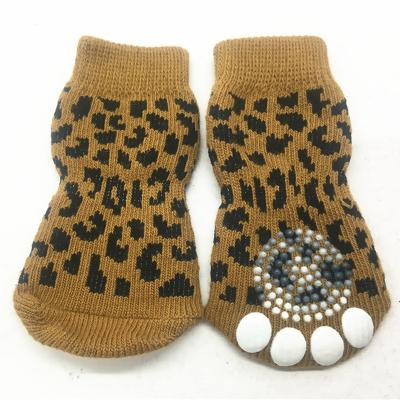 China Winter Leopard Print Sustainable Cotton Knitted Anti-slip Cute Funny Warm Pet Socks Comfortable Animal Indoor Home Floor Shoes for sale