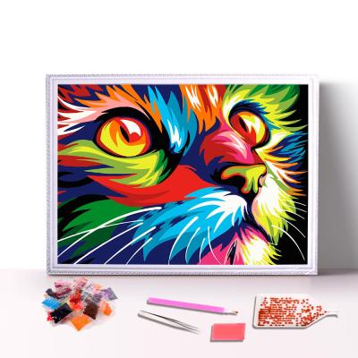 China Gift Set Diy Oil Painting Abstract Animal Cat 5D Round Drill Framed Diamond Painting Kits With Color Box for sale