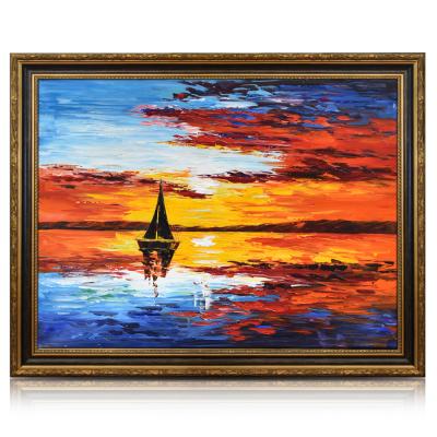 China 100% Beautiful Hand Painted Framed Impressionist Orange Sunset Landscape Oil Boat Handmade Paintings for sale