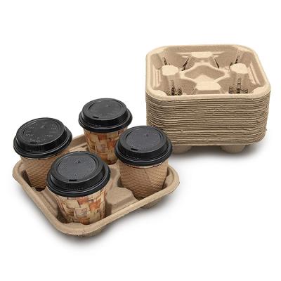 China Disposable Coffee Cup Holder Tray Sugarcane Bagasse Bamboo Pulp Reusable Biodegradable Takeaway Cup Holder for sale