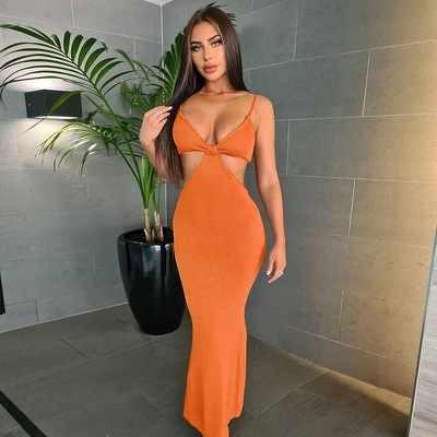 China K21D00681 hot sale breathable solid color dress for women ribbed spaghetti strap long dresses 2021 elegant bodycon dresses maxis for sale