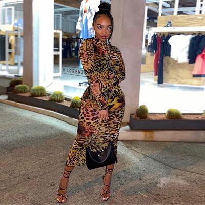 China Q20593D breathable best selling high quality women leopard print fashin bodycon ladies long sleeved dress new design sexy casual outfits for sale