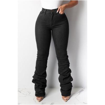 China Factory hot sale LD8609 china QUICK DRY supply fashionable stacked pants with latest pockets design jeans pants denim stacked bottom lattice women for sale