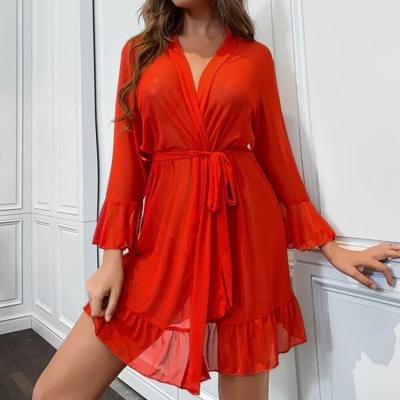 China Women Sexy Pajamas Mesh Ruffle Hem Flounce Sleeve Red QUICK DRY Lingerie Belted Long Sheer Sleepwear Robe for sale