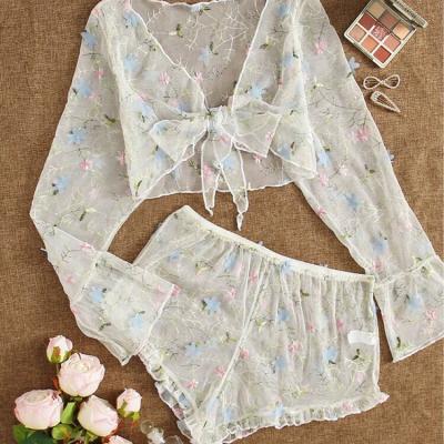 China Sexy QUICK DRY Pajamas Mesh Tops+shorts Embroidery Nightgowns Women Lingerie Lace Sleepwear Flower Ladies Pajamas Set for sale