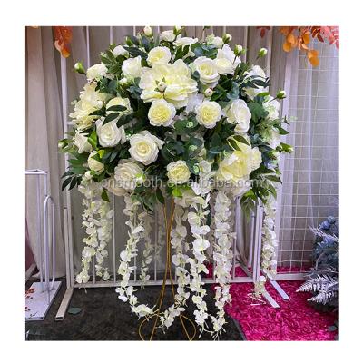 China Banquet Round White Rose And Greenery Leaves Flower Ball Centerpiece Wedding With Gold Flower Stand for sale