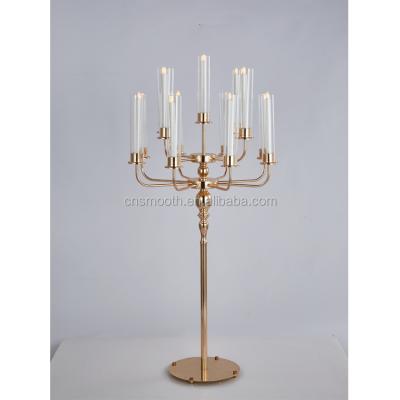 China Wedding Candle Holder / Gold Wedding Banquet Candelabra / Hotel Tall Metal Glass Candlestick for sale