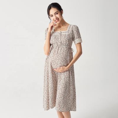 China Fashion Summer Floral Maternity Dress Square Neck Drawstring Waist Breathable Nursing Clothes for sale