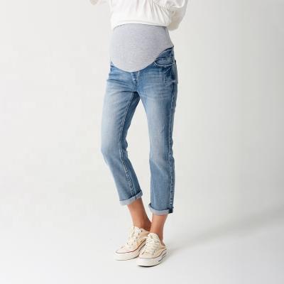 China Summer Cropped Sky Blue Jeans Pants Maternity Pregnancy Clothes Breathable Pregnant Denim Pants for sale